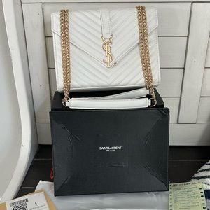YSL logo White Quilted Leather Chain Crossbody Bag